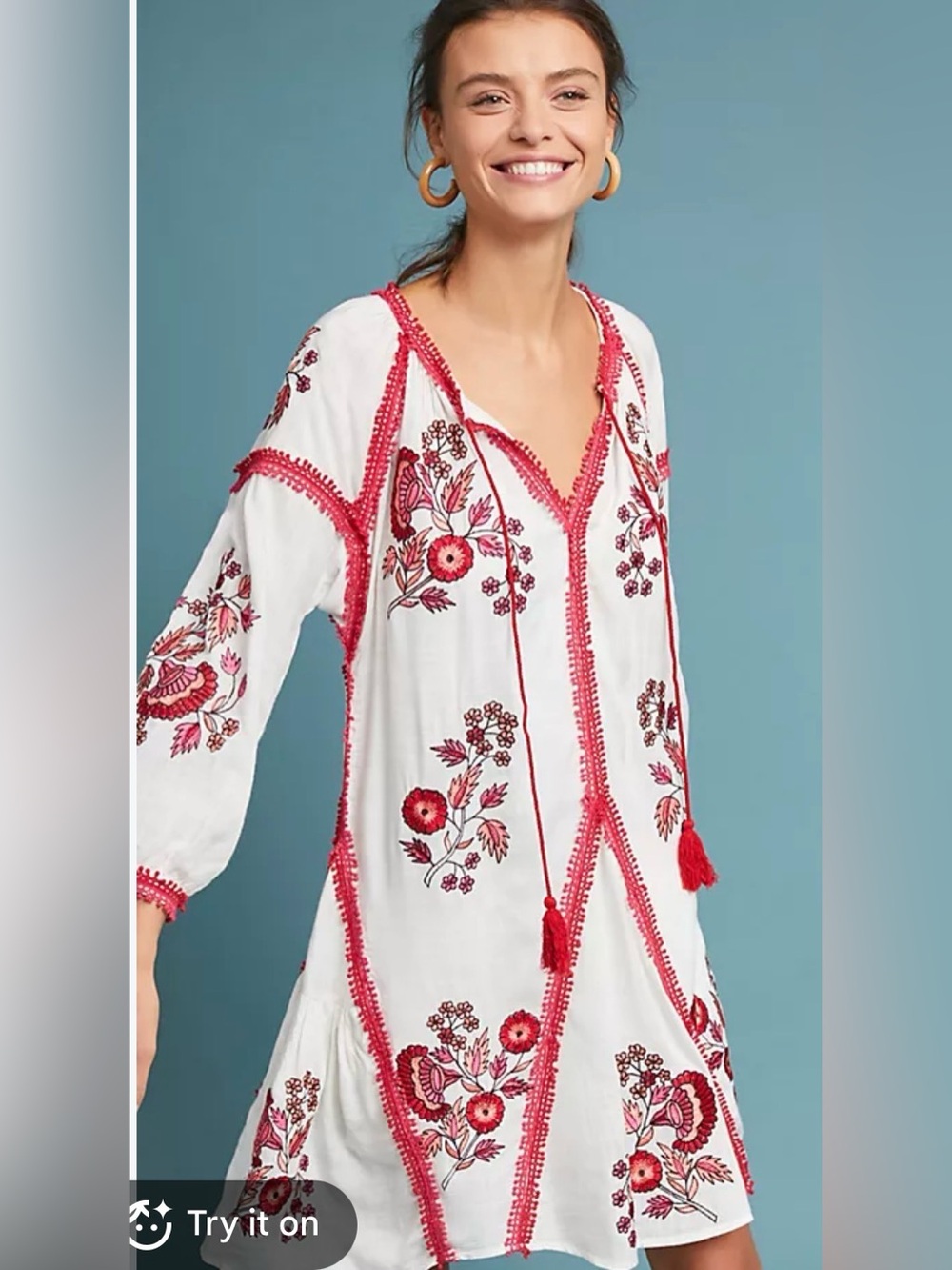 Anthropologie Ranna Gil White Tunic with Red Floral Embroidery **Beautiful **